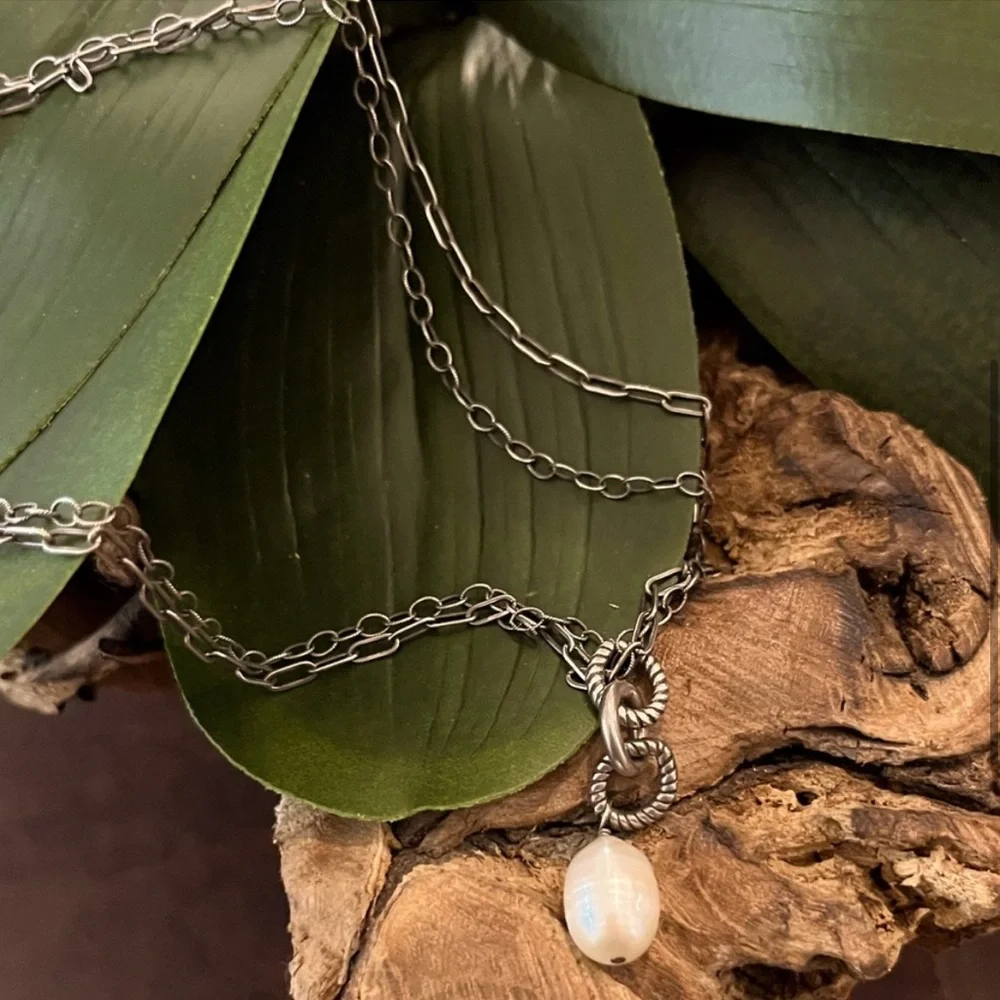 Silpada Vintage Sterling Silver Genuine Pearl Double Oxidized Chain Necklace - Picture 6 of 8
